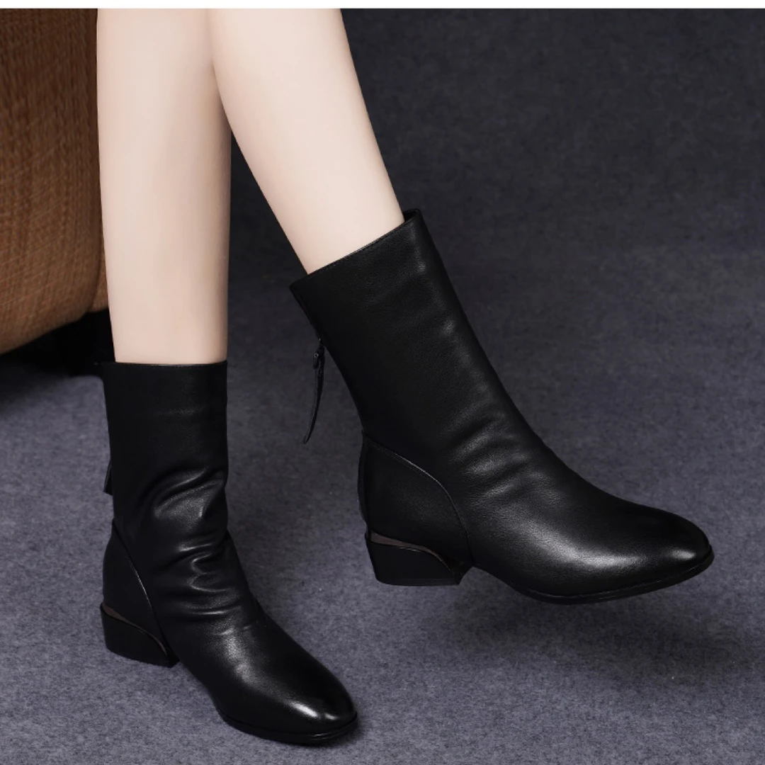 2025新款秋冬季平底中筒靴女真皮女靴子圆头加绒短靴软皮中跟皮鞋