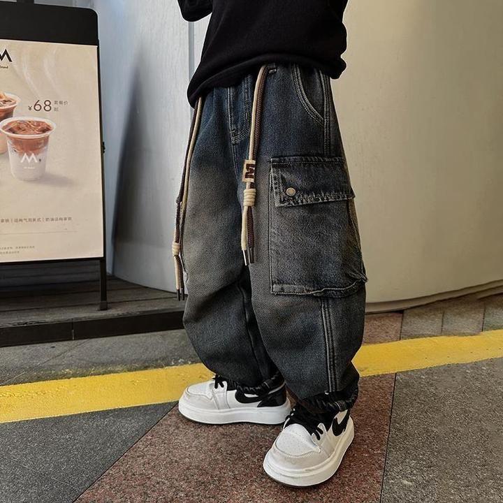 男童牛仔裤冬装儿童一体绒工装裤子2024新款中大童秋冬款加绒长裤