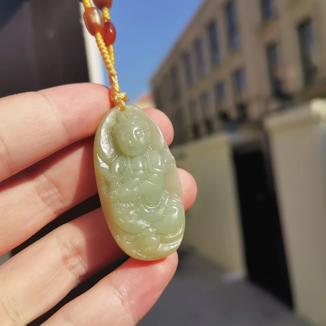 精品天然新疆和田玉观音牌雕刻精美吊坠挂坠送礼物