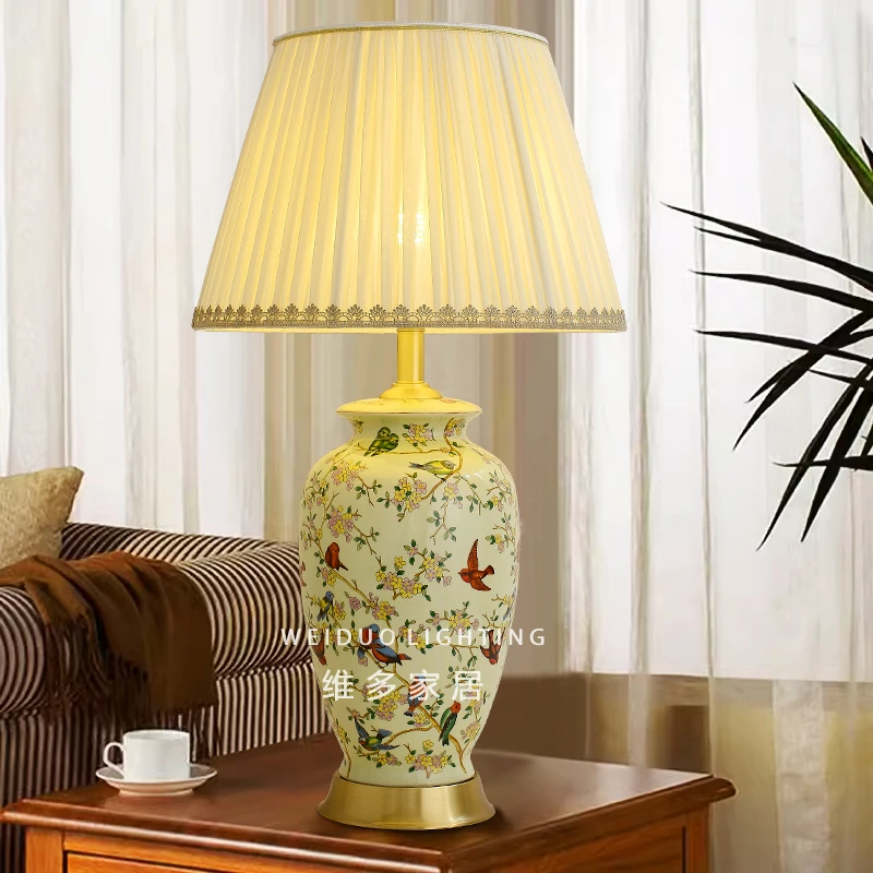 美式台灯卧室床头灯温馨客厅书房复古新中式欧式陶瓷永生花台灯