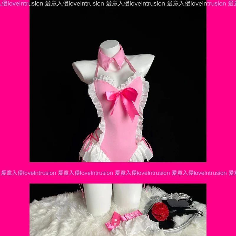 爱意入侵：cos沈妙性感少女粉色蝴蝶结甜美绑带纯欲风挂脖吊带连体