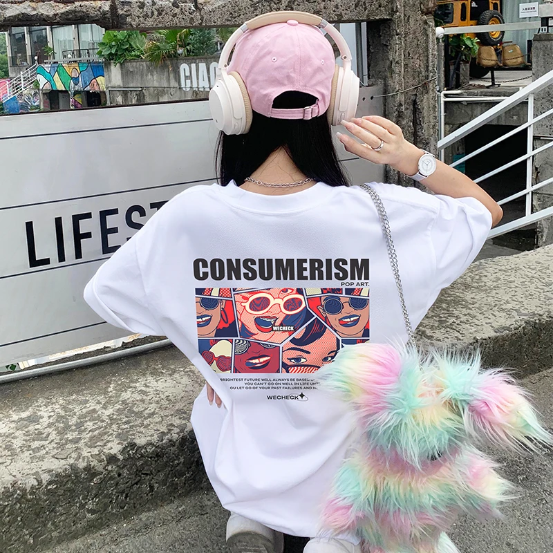 T恤夏季街潮印花青春落肩袖百搭美式半袖小众中长款ins韩版设计感