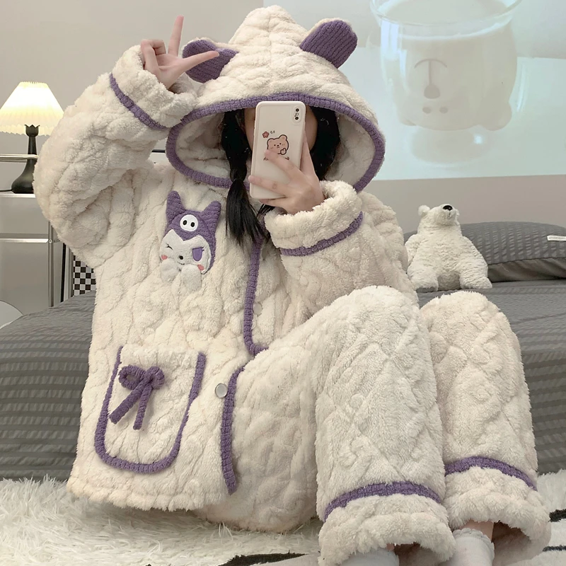 冬季三层夹棉加绒加厚卡通库洛米连帽女款睡衣家居服套装保暖外穿