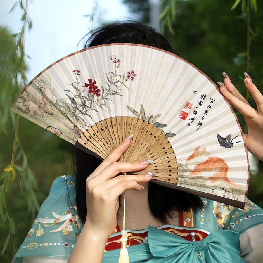 复古风古色古香蝴蝶猫咪折扇子日用扇夏季折扇子汉服摄影拍照竹女