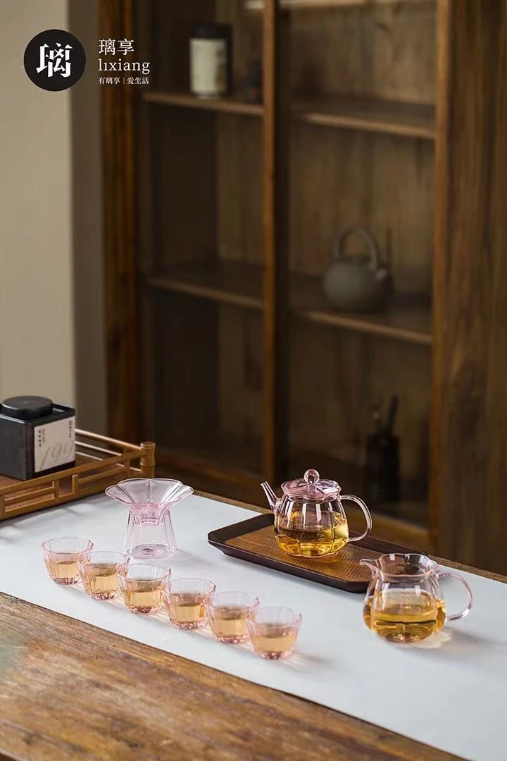 与鹿 粉色梅花小壶凤玉把粉花珠高硼硅耐热玻璃高档粉色小壶套装