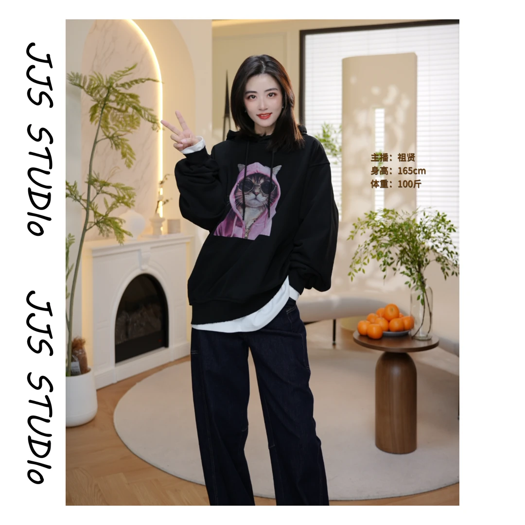 4092792-『连帽酷猫』2024秋冬加绒长袖百搭宽松休闲时尚连帽卫衣