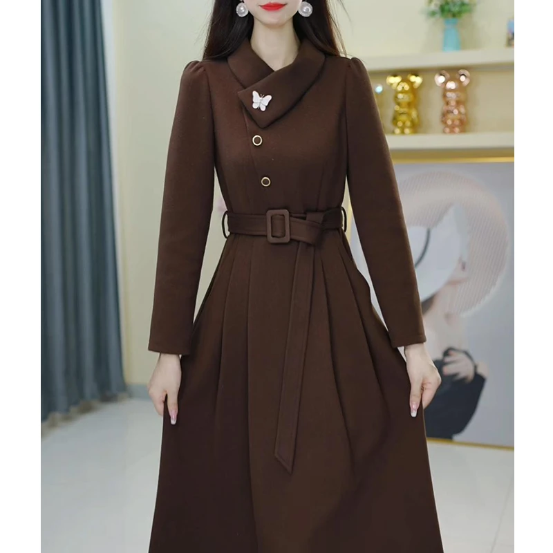 【宠粉定制】A513咖色连衣裙优雅气质时尚收腰显瘦秋冬设计感轻奢