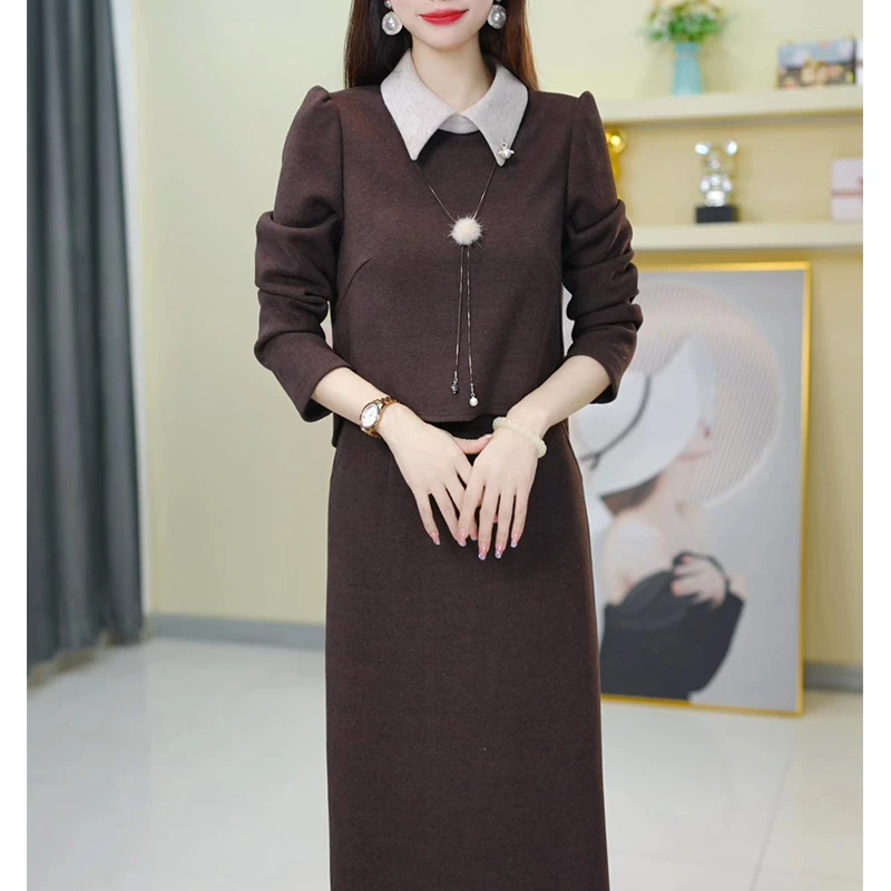 【假两件】A797咖色套装优雅气质时尚减龄显瘦秋冬设计感