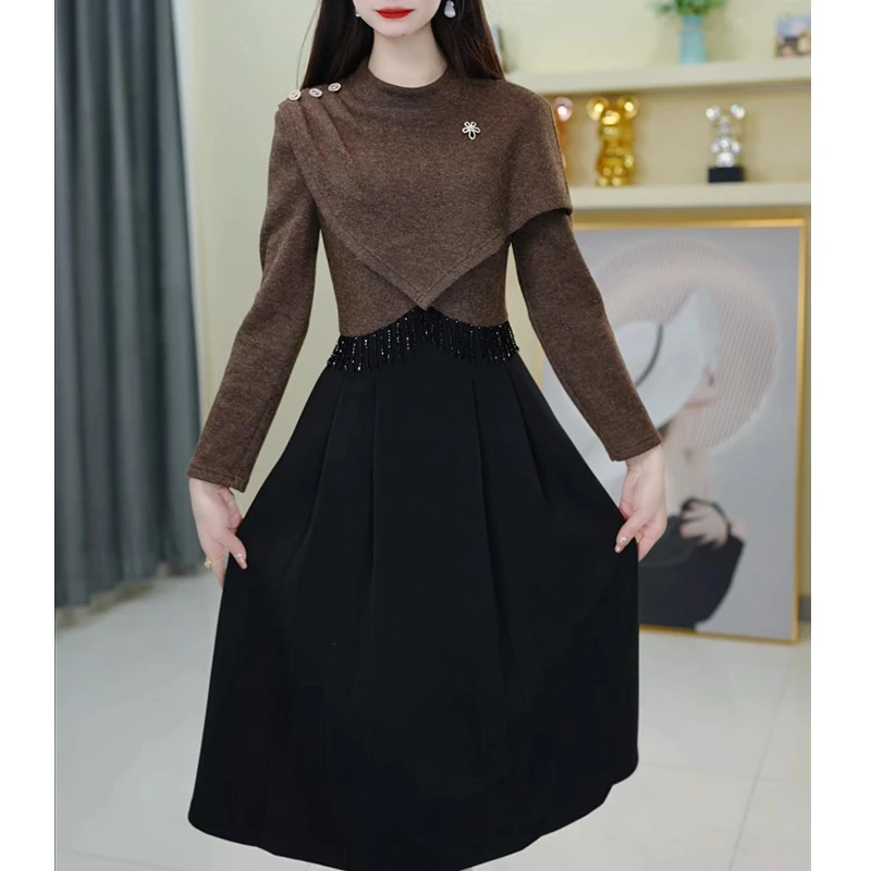 【宠粉定制】A573咖色连衣裙优雅气质时尚收腰显瘦秋冬设计感轻奢