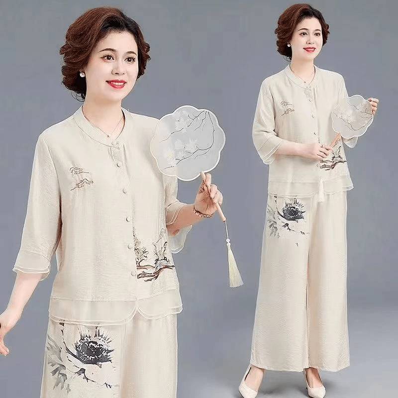 中袖刺绣宽松时尚大码洋气休闲两件套新款洋气日常中老年妈妈装