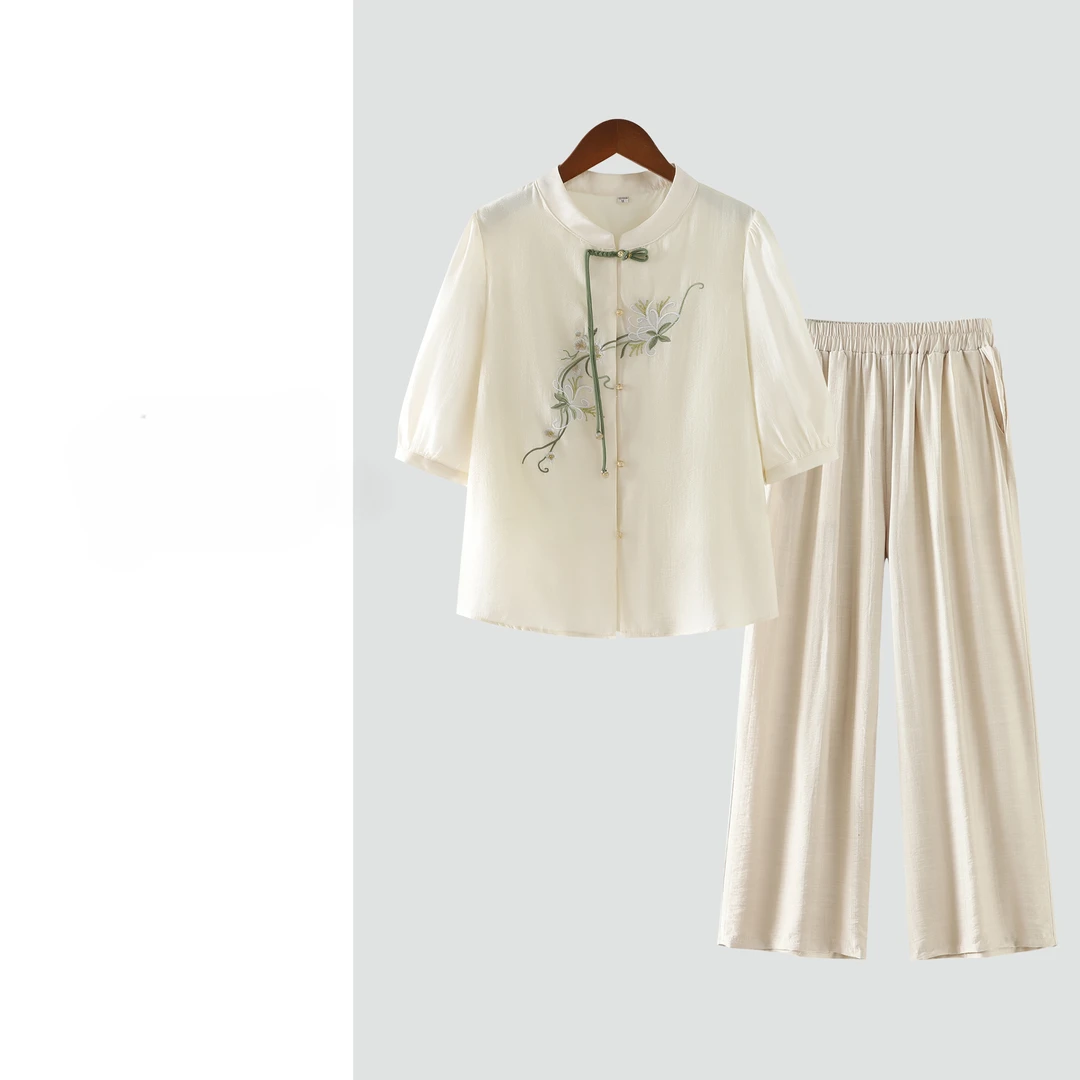 妈妈装新中式中国风小衫2024夏季刺绣上衣中老年春夏衬衫套装薄款