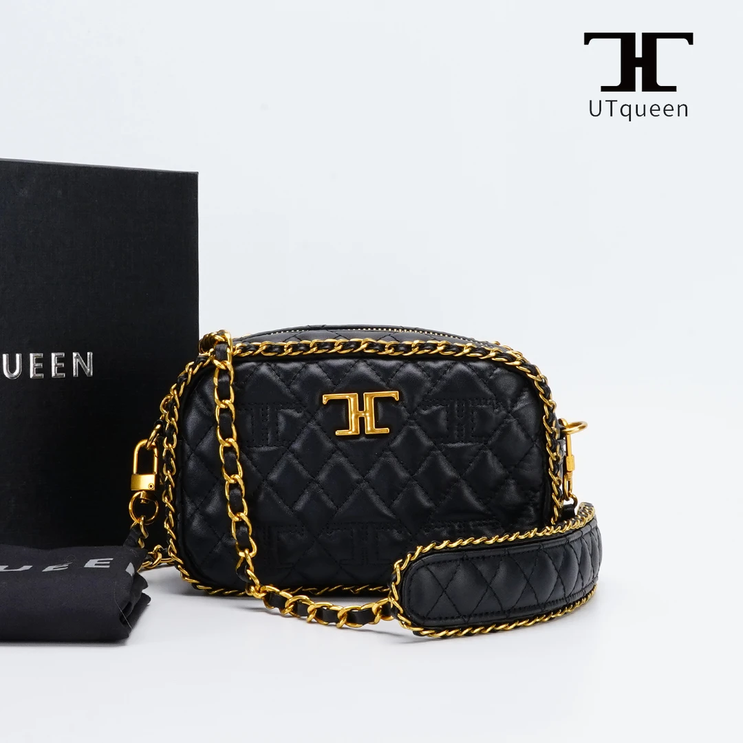 全新未使用 UTqueen camera-相机包菱格纹单肩斜挎黑金色