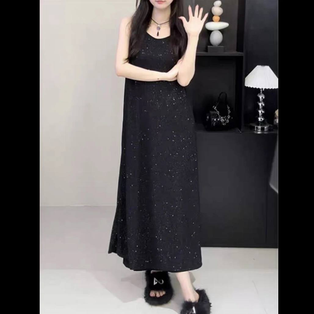黑闪吊带裙气质百搭长款夏季性感无袖显瘦黑色打底内搭女装连衣裙
