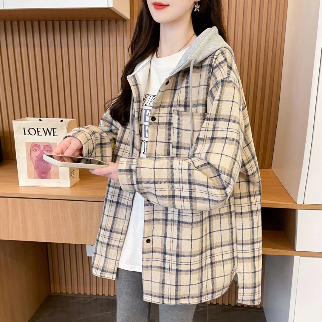 2025新款秋冬季女装加绒加厚磨毛格子衬衫外套设计感开衫连帽上衣