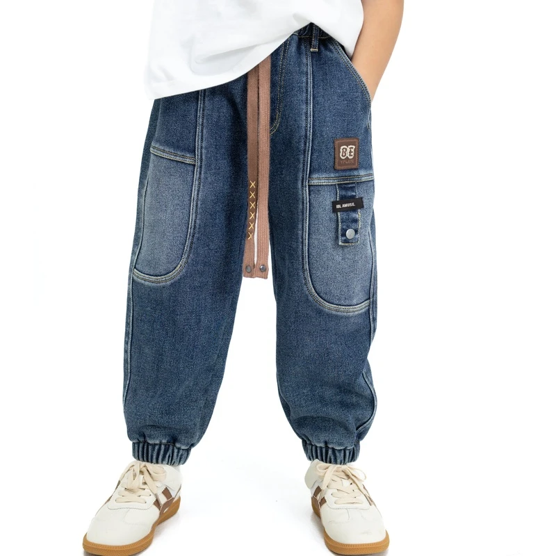 男童宽松牛仔裤加绒儿童休闲工装束脚潮裤2024春秋款【巴】DB33163