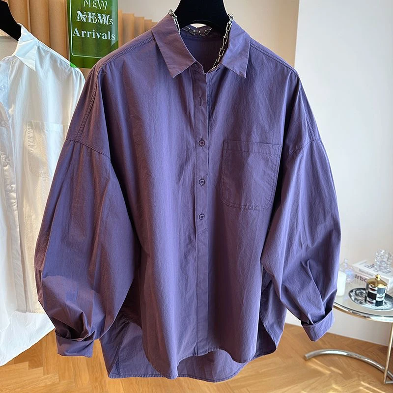 2023新款小众高级感紫色衬衫女早秋宽松休闲长袖纯棉女款上衣