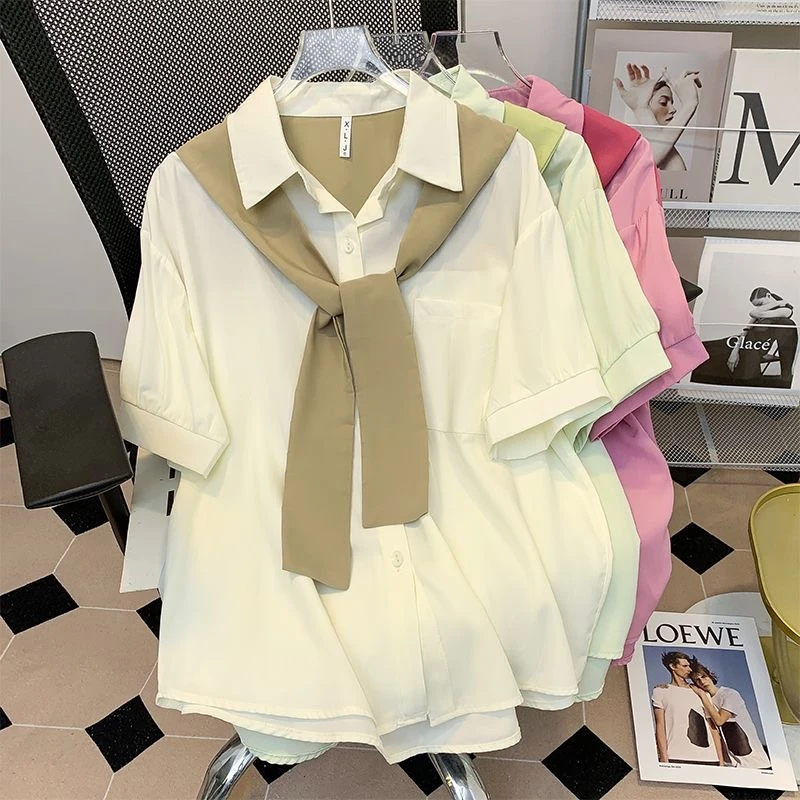 2308大码女装设计感披肩衬衫年夏季新款胖MMpolo领假两件短袖上衣