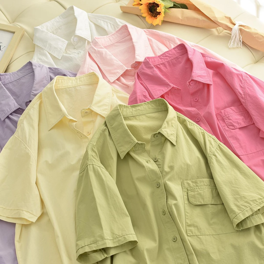 夏季纯色衬衫女短袖纯棉韩版2024新款衬衣百搭后开叉休闲简约上衣