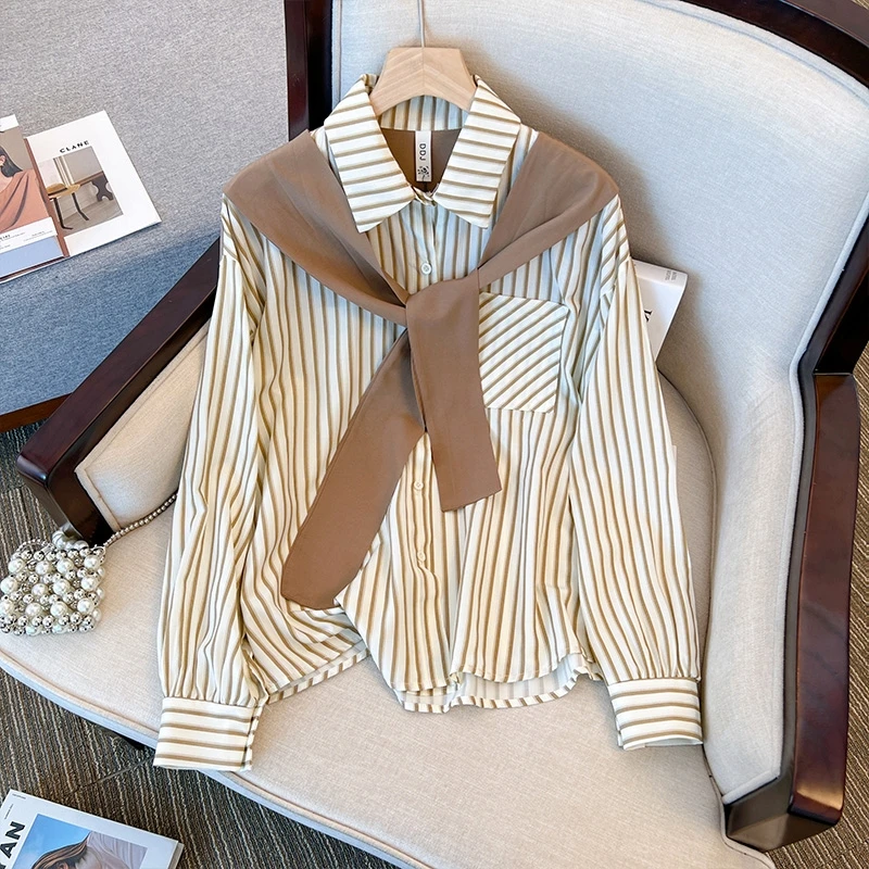 2022新款韩版百搭披肩假两件条纹翻领衬衫女拼接宽松长袖气质上衣