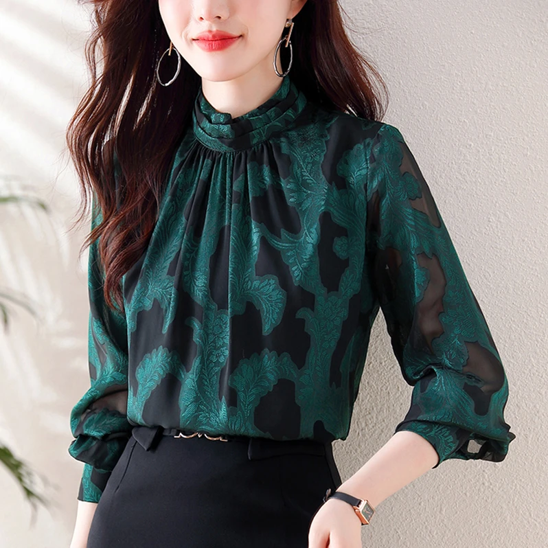 春季设计感别致立领时尚高级感长袖打底衬衣气质提花雪纺显瘦上衣