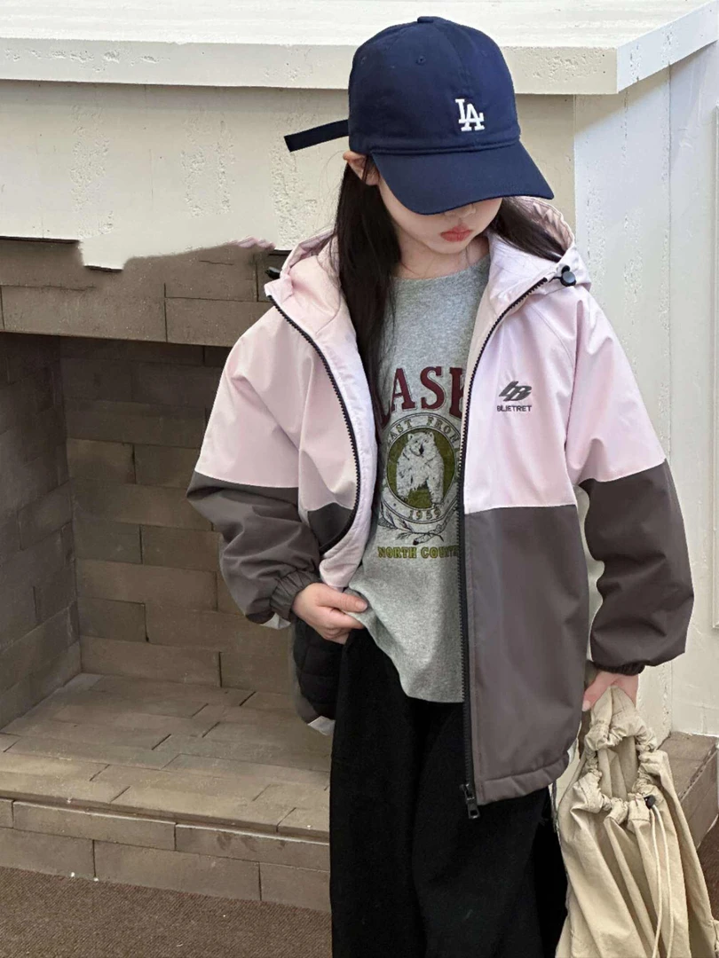 女童秋冬外套洋气冲锋衣男童7002防风连帽夹克上衣棉服外套潮牌衣