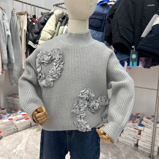 格格家82023女童针织衫半高领灰色重工洋气时尚套头毛衣