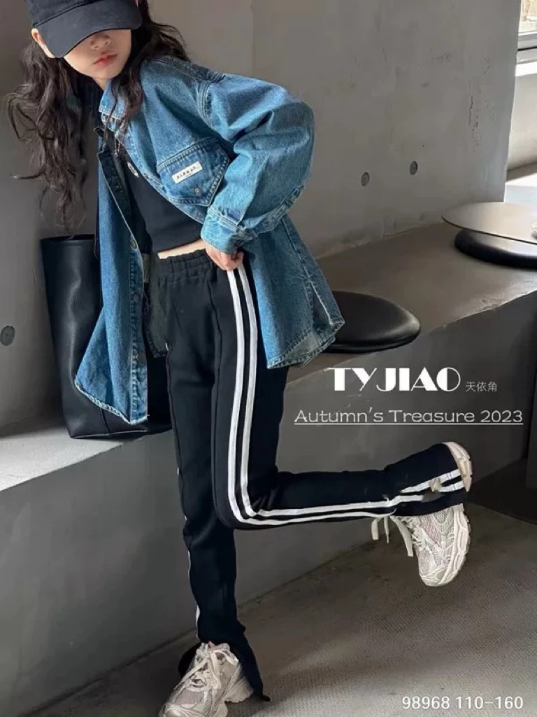 天衣角秋季女童打底裤条纹显腿长98968 洋气高街潮牌休闲时尚裤子