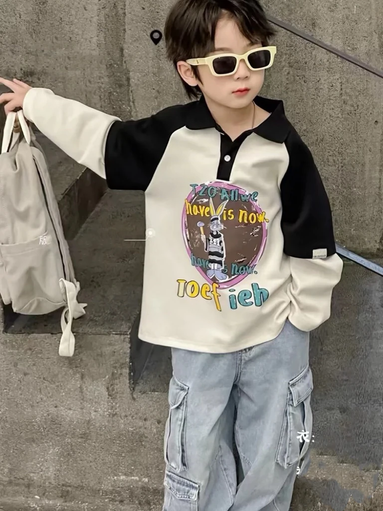 5133男女童卫衣2024年春款儿童POLO衫潮牌韩版翻领拼色假两件炸街