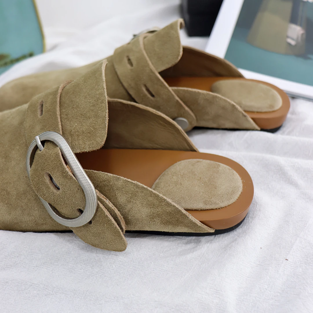 prettyburlu/朴露时尚高端拖鞋复古女士休闲真皮拖鞋潮流百搭春季