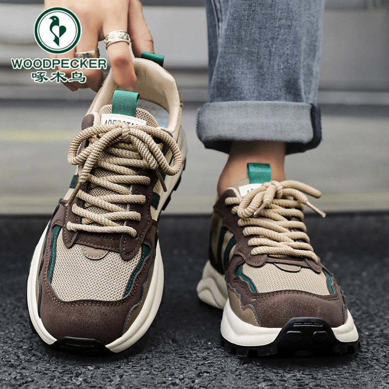 啄木鸟官方正版冬季男鞋网面加厚哦复古阿甘运动鞋休闲增高老爹潮