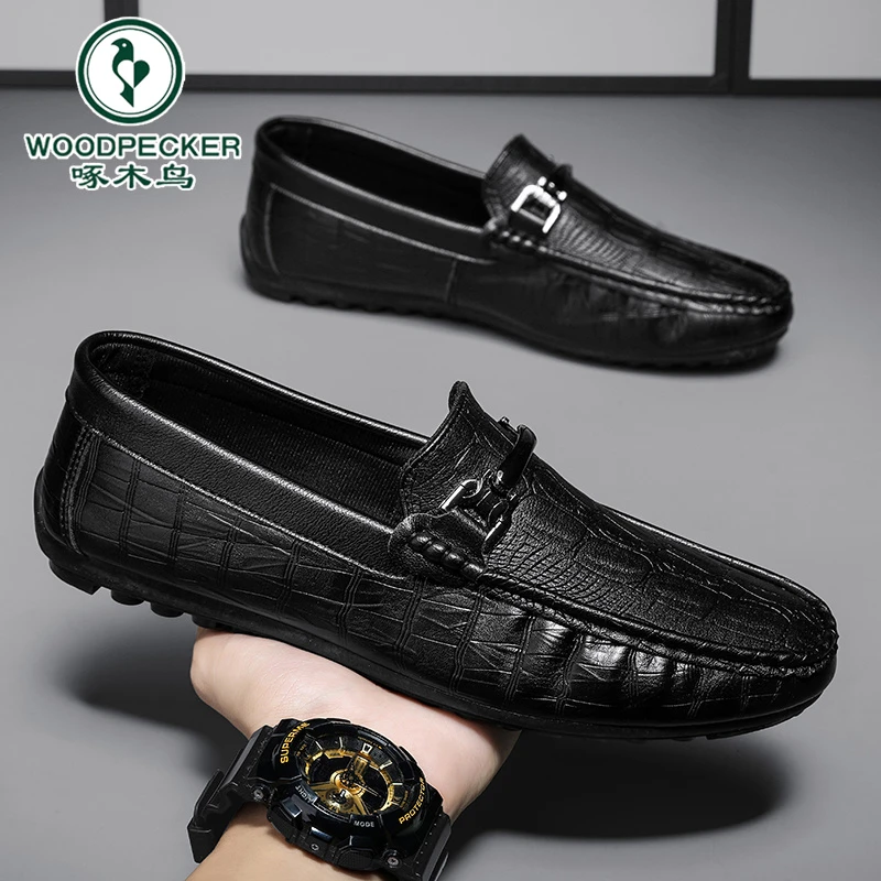 啄木鸟官方正版豆豆男鞋黑色男士休闲皮鞋懒人一脚蹬开车乐福潮鞋
