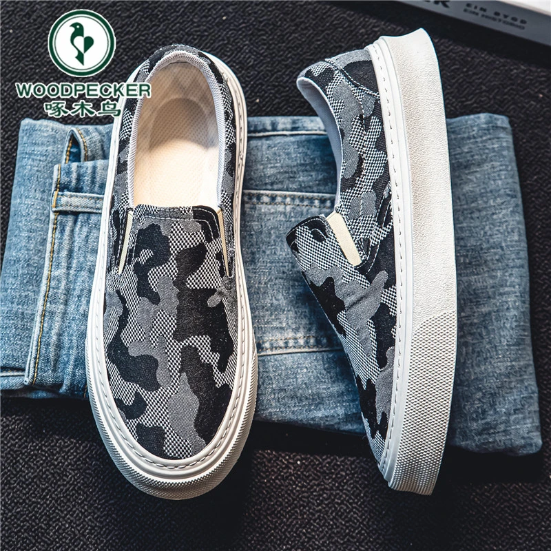 啄木鸟官方正版帆布鞋男夏季新款透气厚底懒人一脚蹬迷彩休闲布鞋