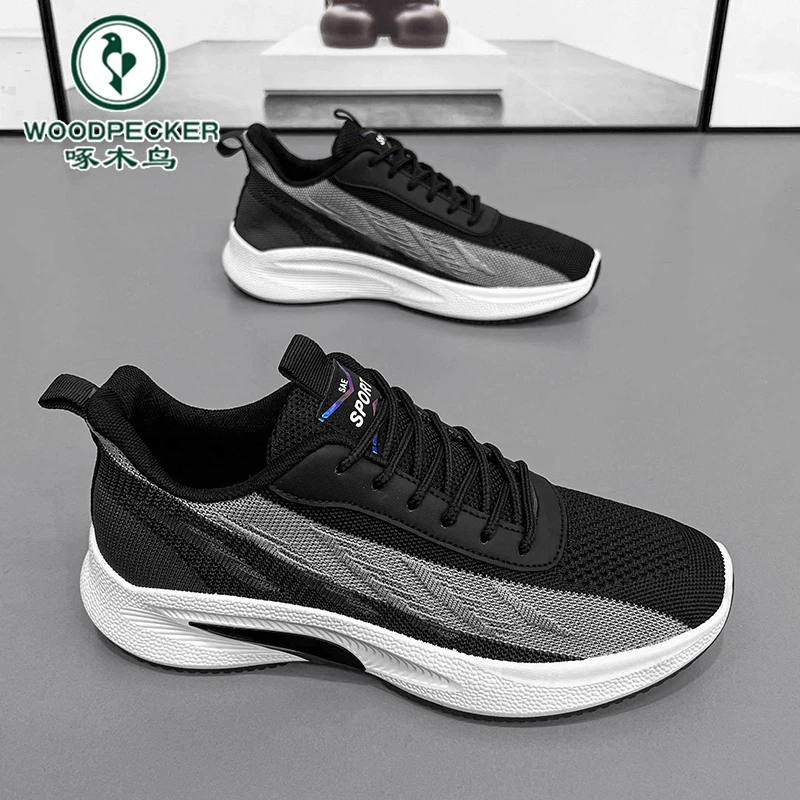 啄木鸟官方正版男鞋2025冬季透气休闲运动百搭软底男士飞织跑步鞋