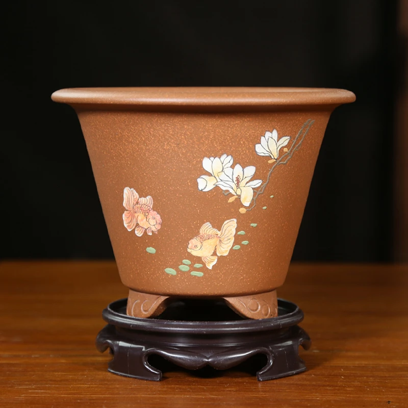 精品紫砂兰花盆降坡泥绘斗笠盆景盆栽大口陶瓷简约绿植室内桌面