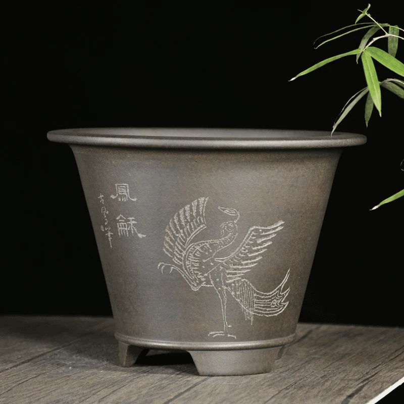天青泥紫砂花盆特大号盆景盆黑松紫檀牡丹茶花大紫砂盆古典透气盆