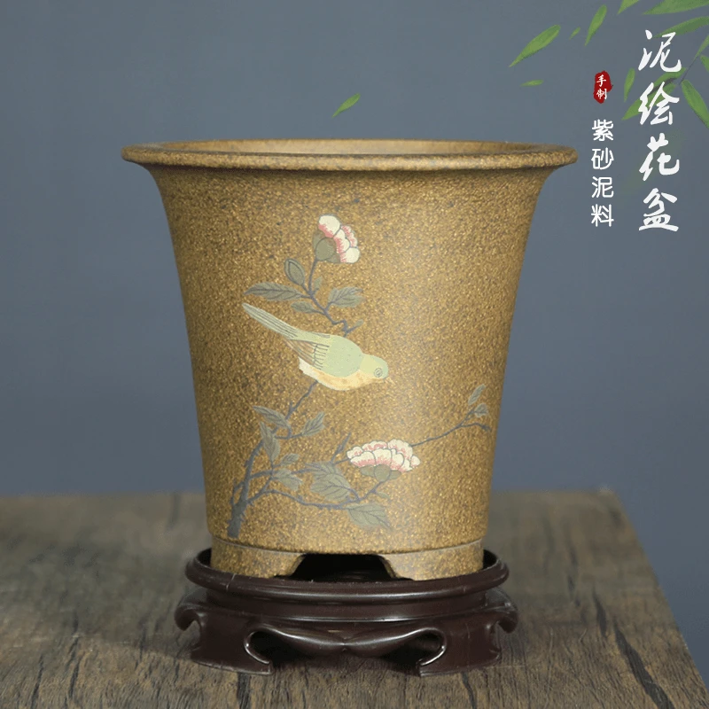 精品紫砂花盆天青泥手工泥绘透气兰花盆室内桌面绿植摆件装饰盆景