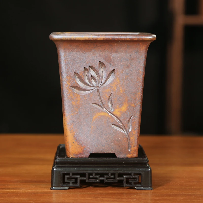 精品紫砂花盆柴烧四方透气小号兰花盆带托盘桌面室内悬崖老桩花盆