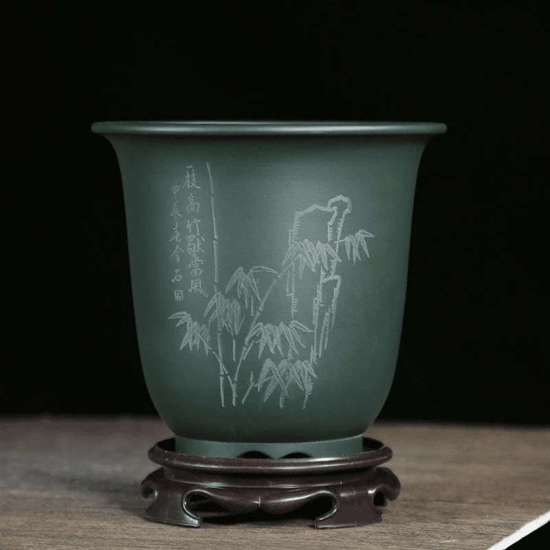 神力精品墨绿绿泥仿古金钟手工刻绘花盆蝴蝶兰盆景兰花兰草专用盆