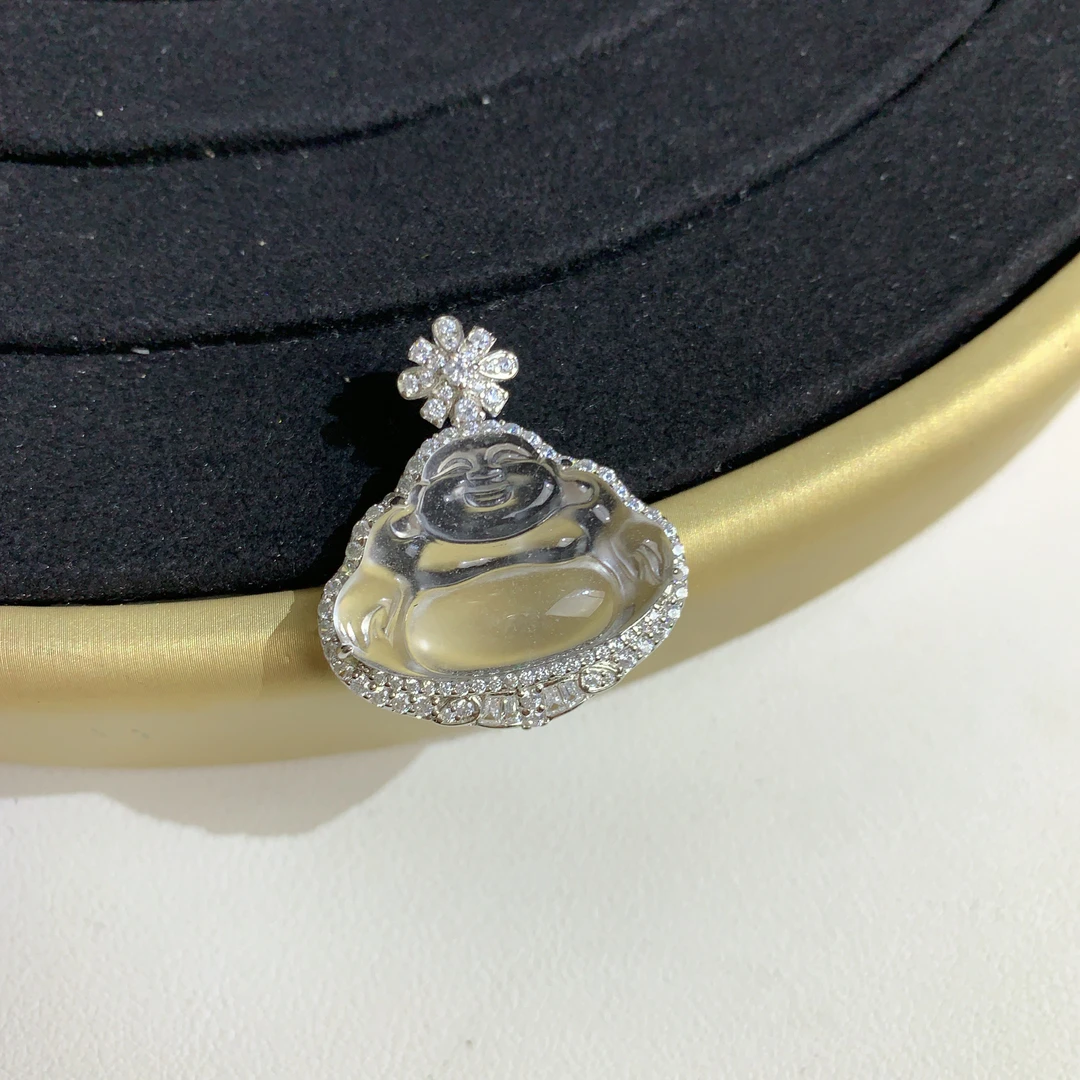 s925银镶嵌天然石英质玉冰透佛公不封底设计款舒佛