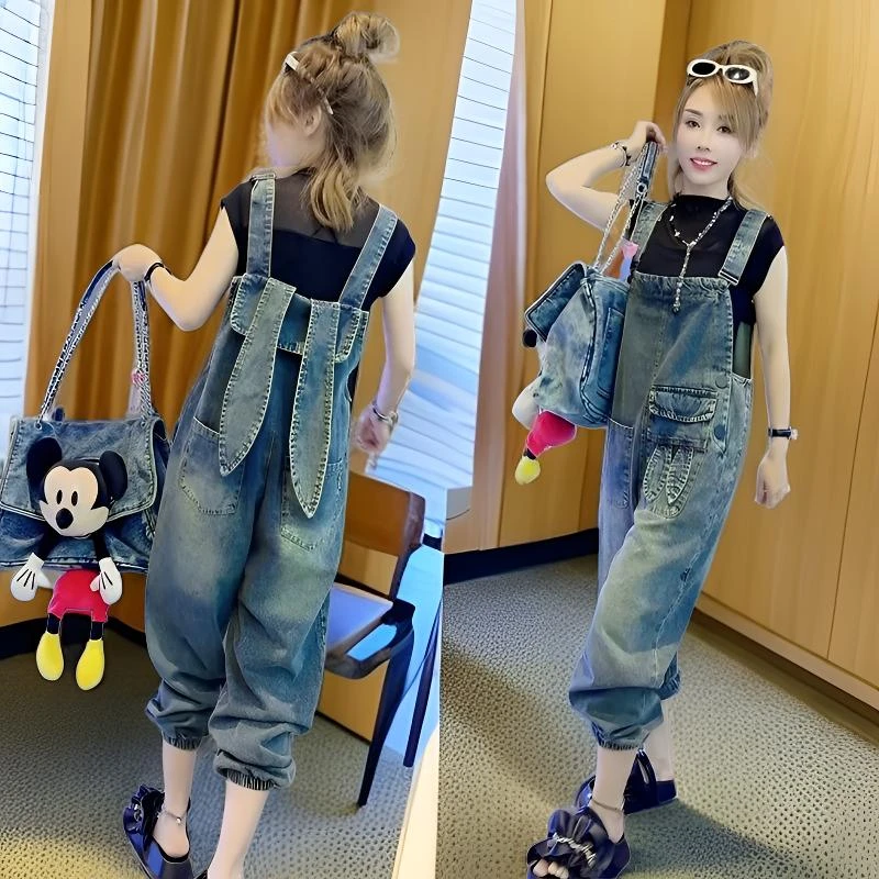 2024秋季新款时尚百搭高档洋气休闲减龄兔耳朵设计感牛仔背带裤女