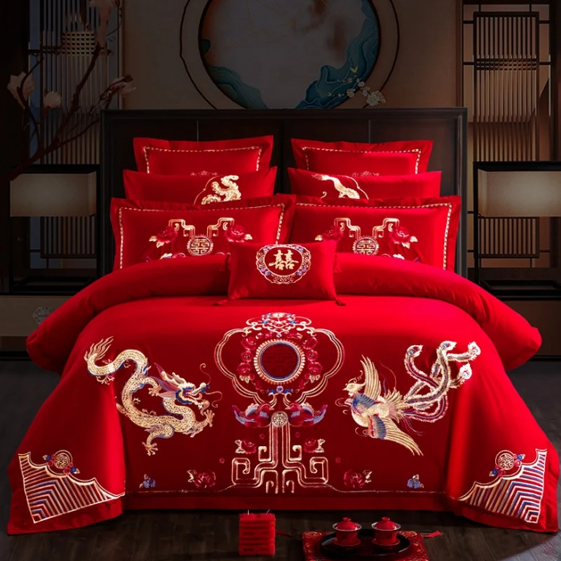 【鸳鸯龙凤】全棉纯棉婚庆四件套大红色刺绣花结婚六床上用品喜庆