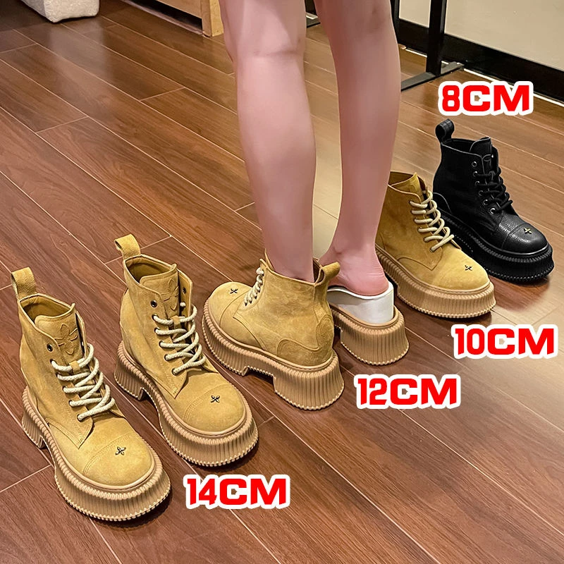 吴宣仪同款沙漠靴女短筒松糕厚底圆头系带马丁靴大黄靴