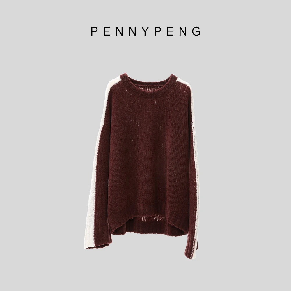PENNYPENG山楂红了早春红人轻奢时尚百搭深红色氛围感撞色羊毛衫