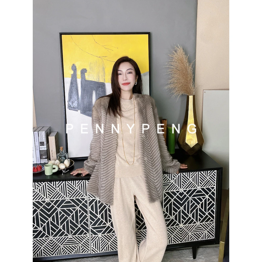 PENNY PENG精致不予早春时尚高级显瘦气质百搭设计师拼条水貂外套