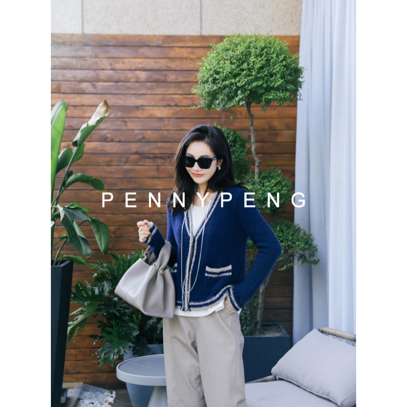 PENNY PENG现瓦尔登湖早春气质休闲时尚圈圈羊毛撞色边开衫深蓝色