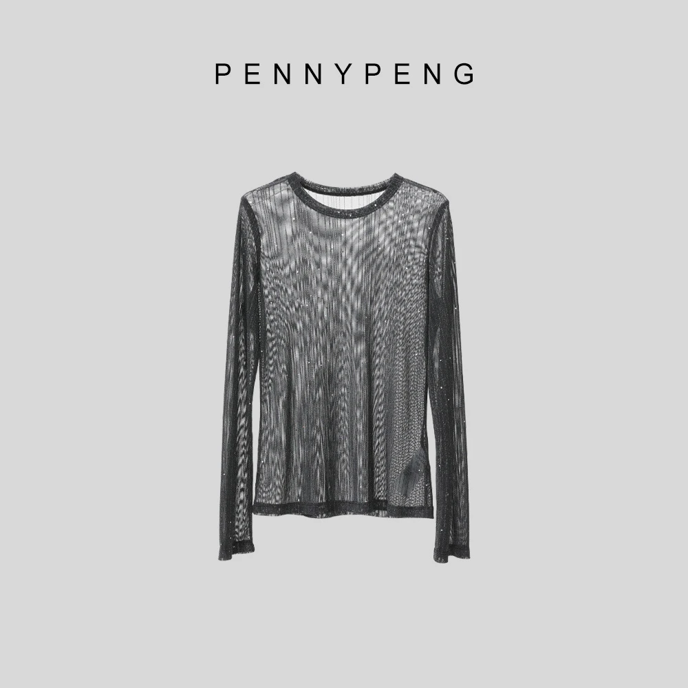 PENNYPENG琉璃纱早春上新时髦气质百搭黑色圆领烫钻洋气打底衫