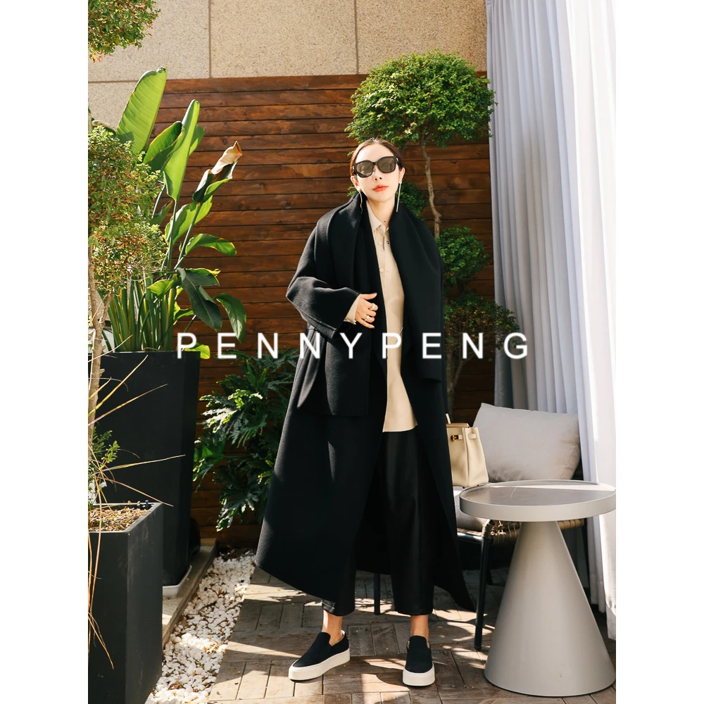 PENNY PENG限量南城记忆早春经典回归带围巾百搭黑色羊绒大毛呢衣