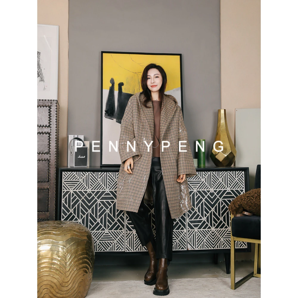 PENNY PENG日出维纳斯早春气质时尚复古经典百搭亮片格子大开衫