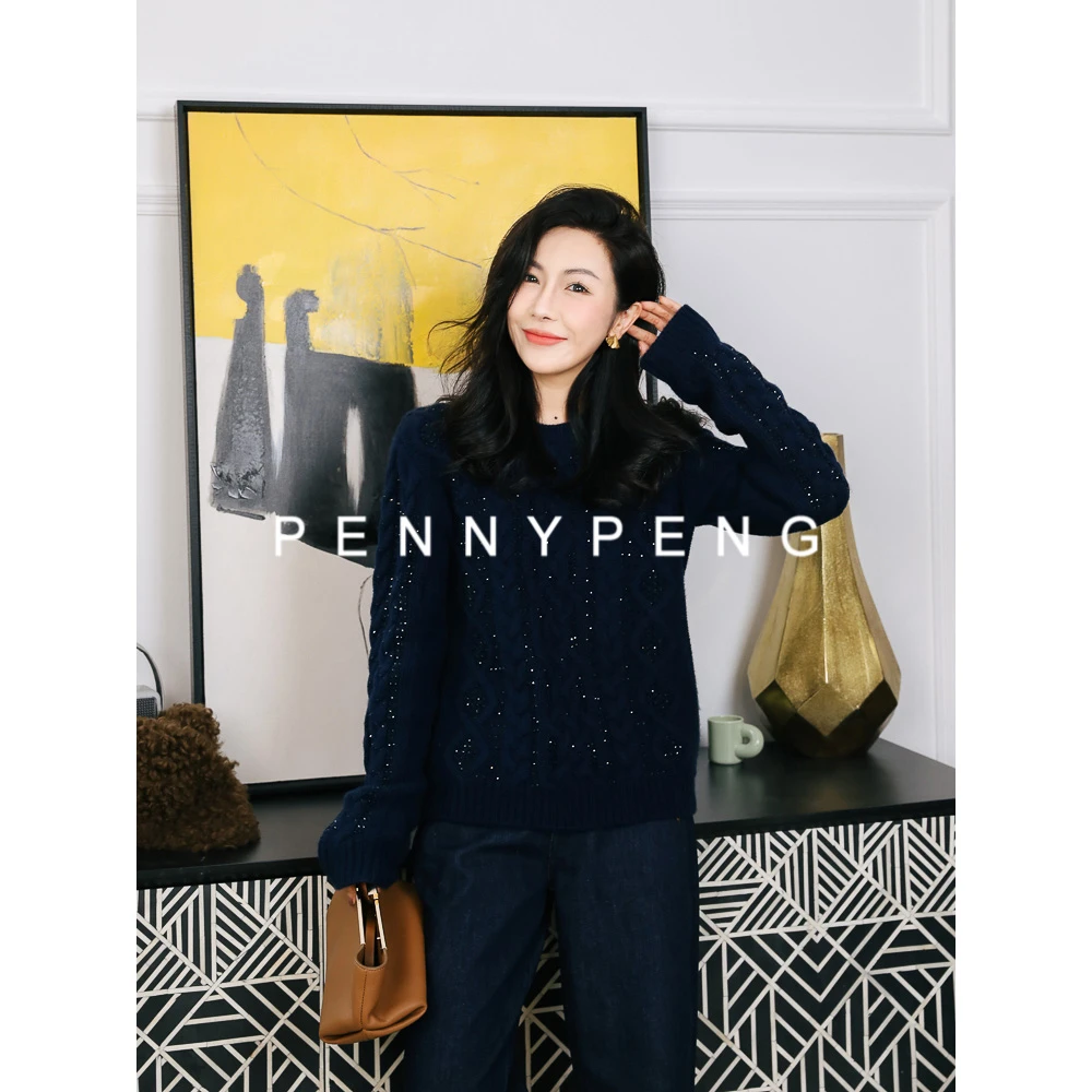 PENNY PENG蓝宝石幻想早春轻奢时尚网红气质洋气百搭烫钻绞花毛衫