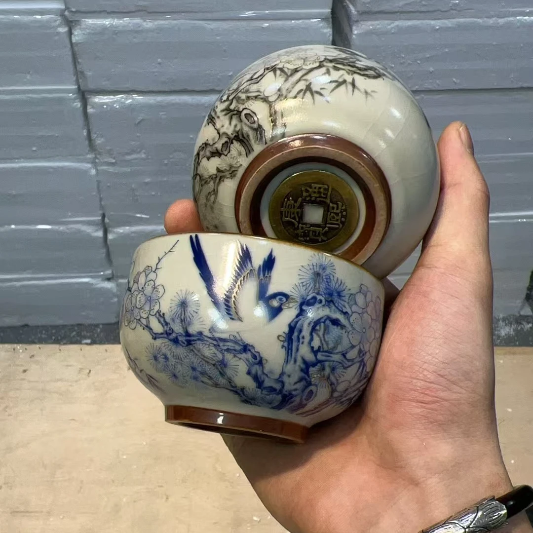 【闪购商品】喜鹊喜上枝头铜钱底杯对杯蓝墨色两个装